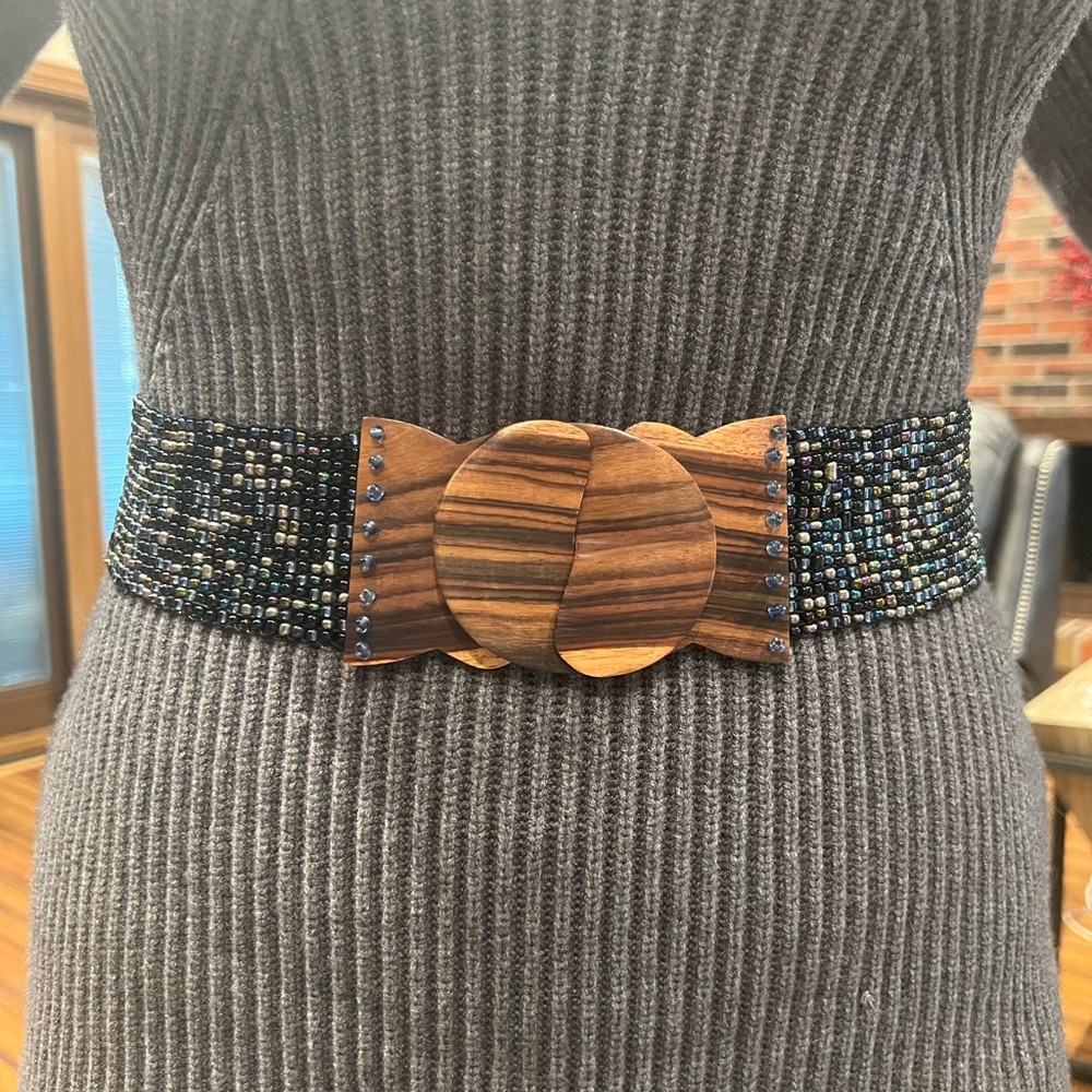Black Tonal Beaded Stretch Belt